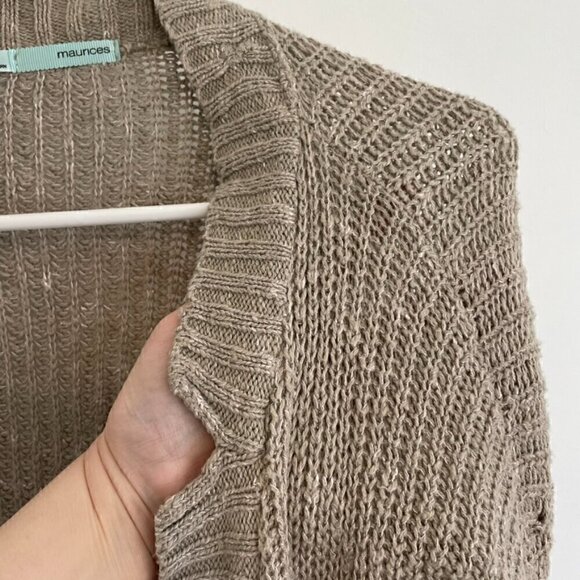 MAURICES Taupe Tan Brown Chunky Knit Notch / Split Neck Open Cardigan Sweater XL - Picture 4 of 16